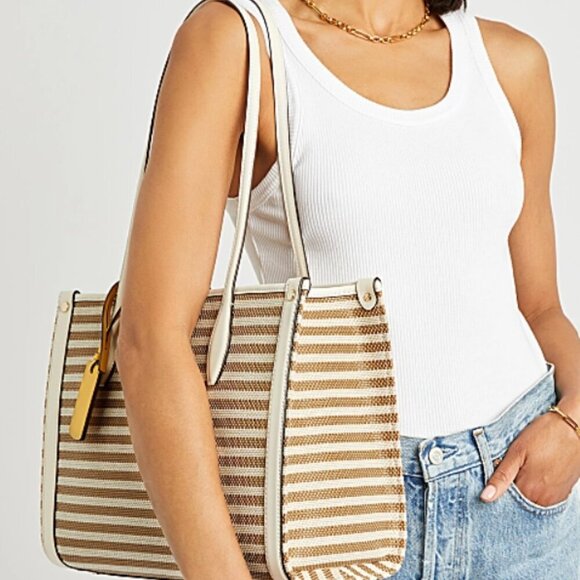 Kate Spade Market Stripe Medium Tote Beige Stripe Canvas Zip Shoulder Bag - Picture 4 of 10